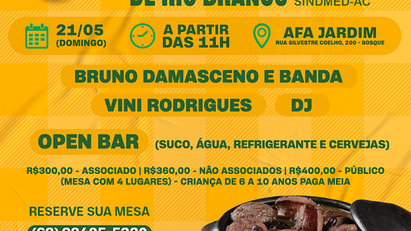 Sindmed-AC realizará a 3ª Feijoada dos Médicos no dia 21 de maio